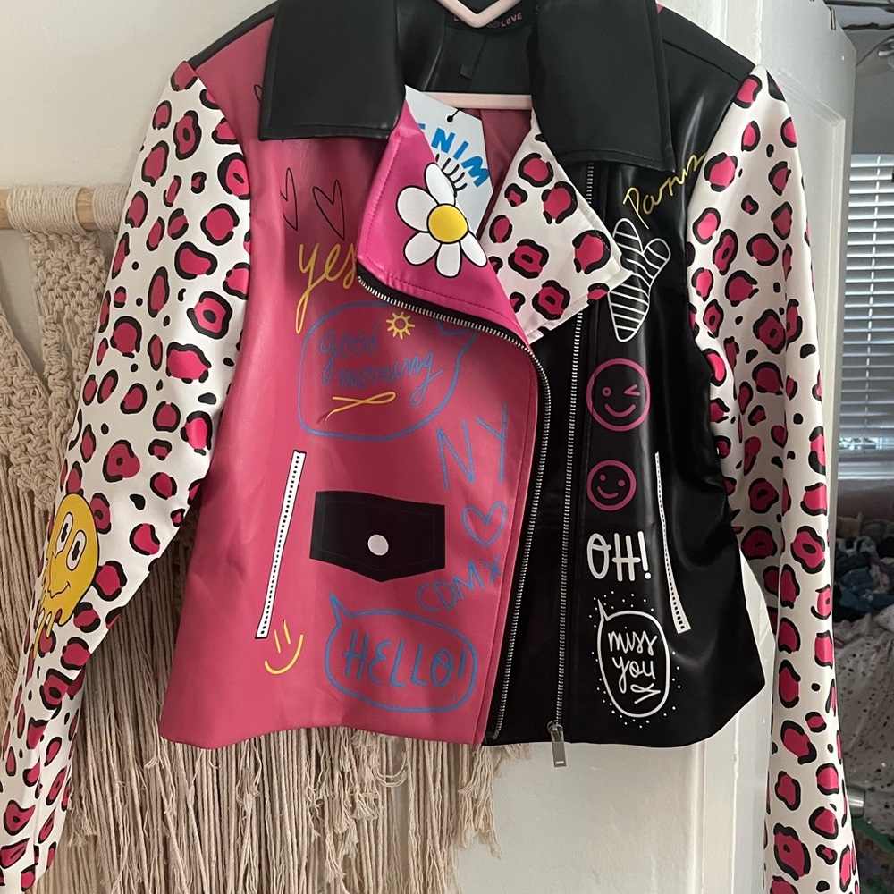 Trendy Colorful Graffiti Letter Gothic Punk Style Faux Leather Jacket size S